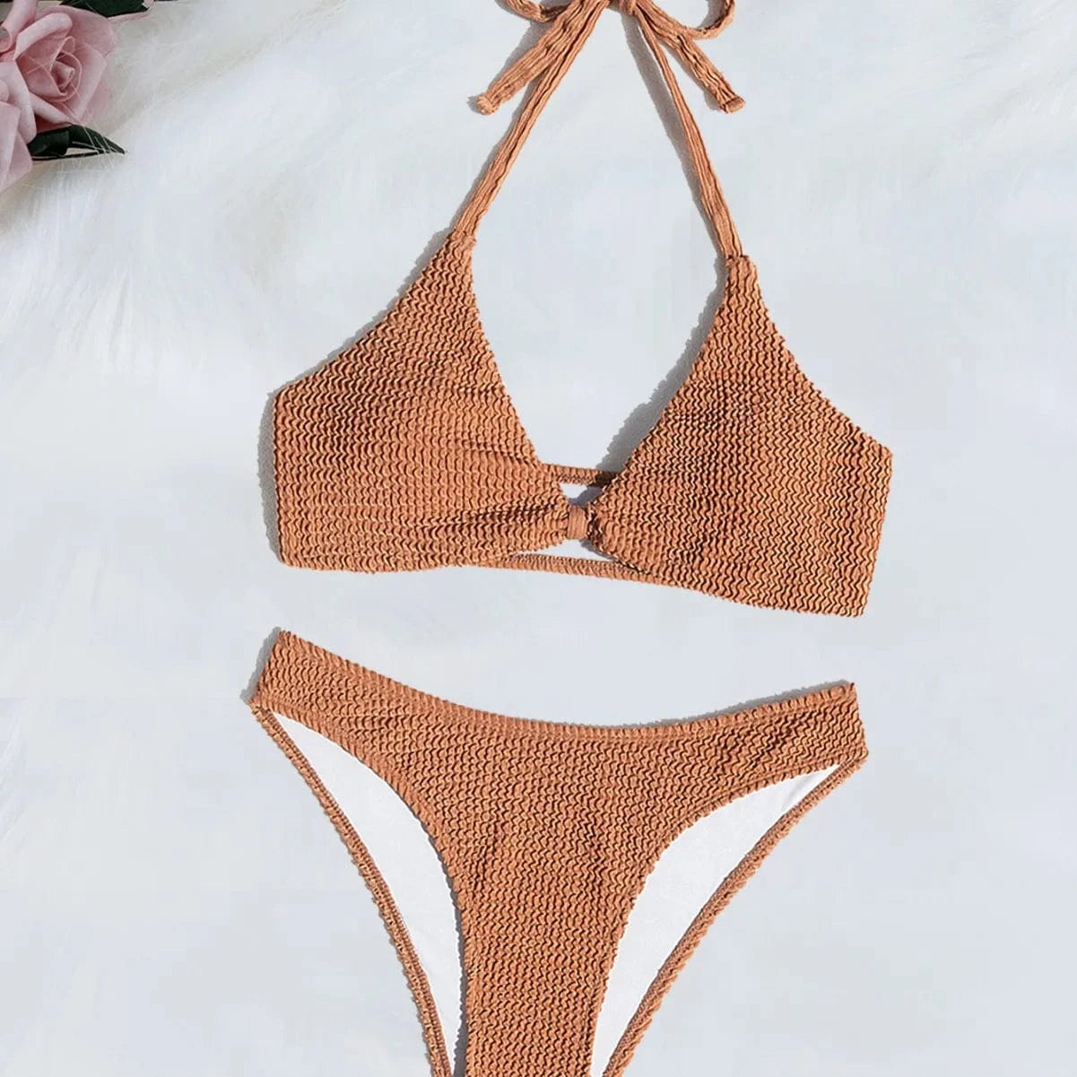 Bikini Texturé Marron Taille Haute - Élégance et Confort pour Votre Été