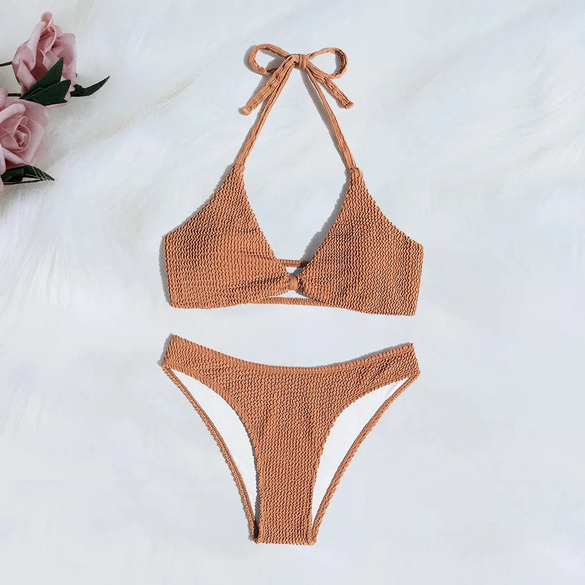 Bikini Texturé Marron Taille Haute - Élégance et Confort pour Votre Été