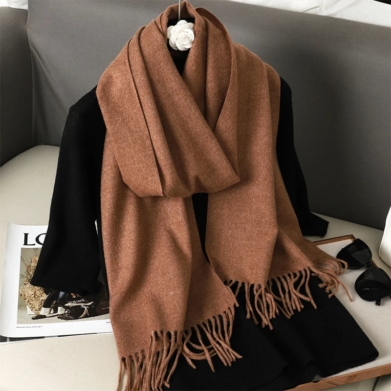 Echarpe Cachemire Camel Rosé Chaud - Foulard Uni, Velouté, Franges Fines