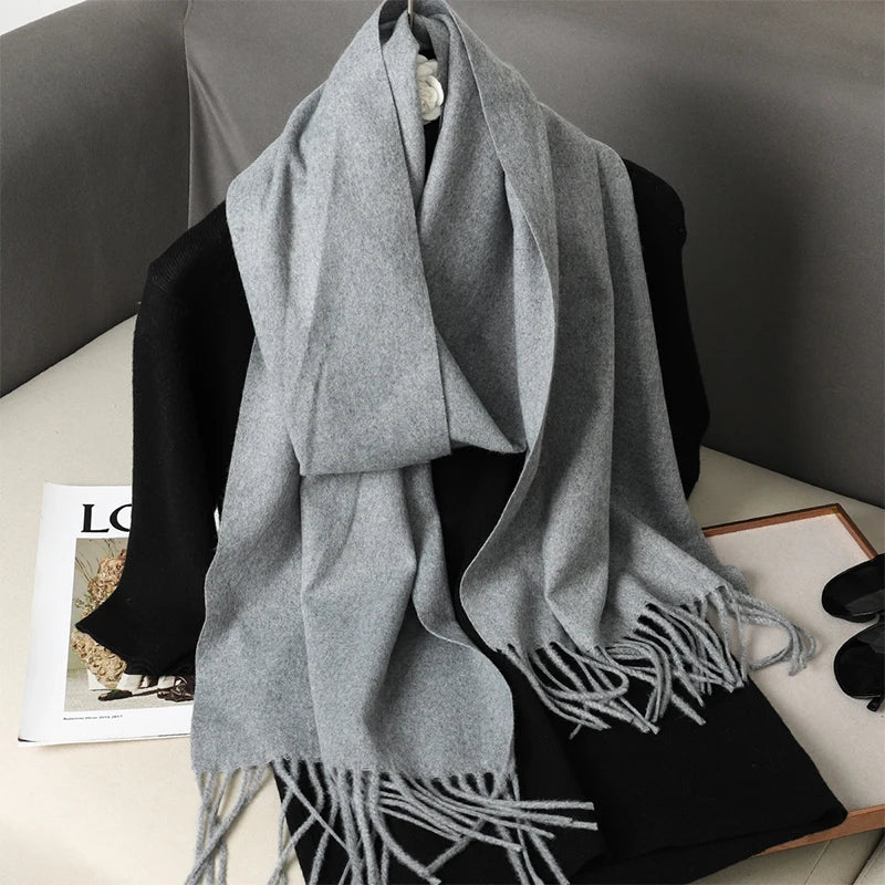 Echarpe Cachemire Grisbleu Marbré - Foulard long doux et fluide avec franges