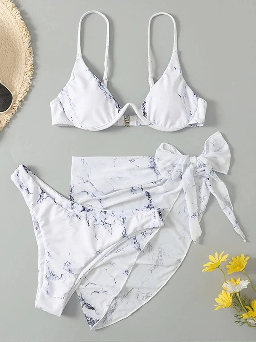 Bikini Artistique Aquarelle avec Paréo Polyvalent - Élégance et Style Uniques Blanc / S