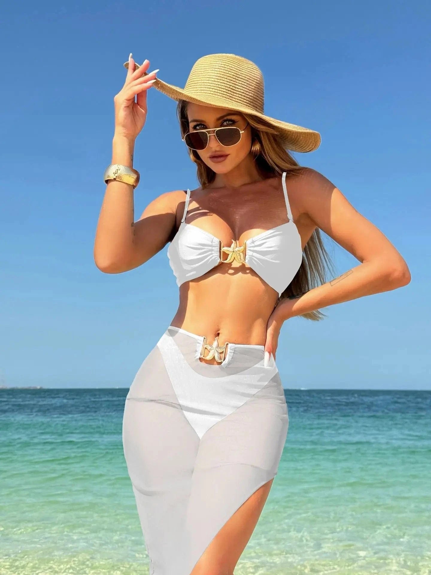 Bikini Élégant avec Jupe Transparente : Sophistication et Confort Été. Blanc / S