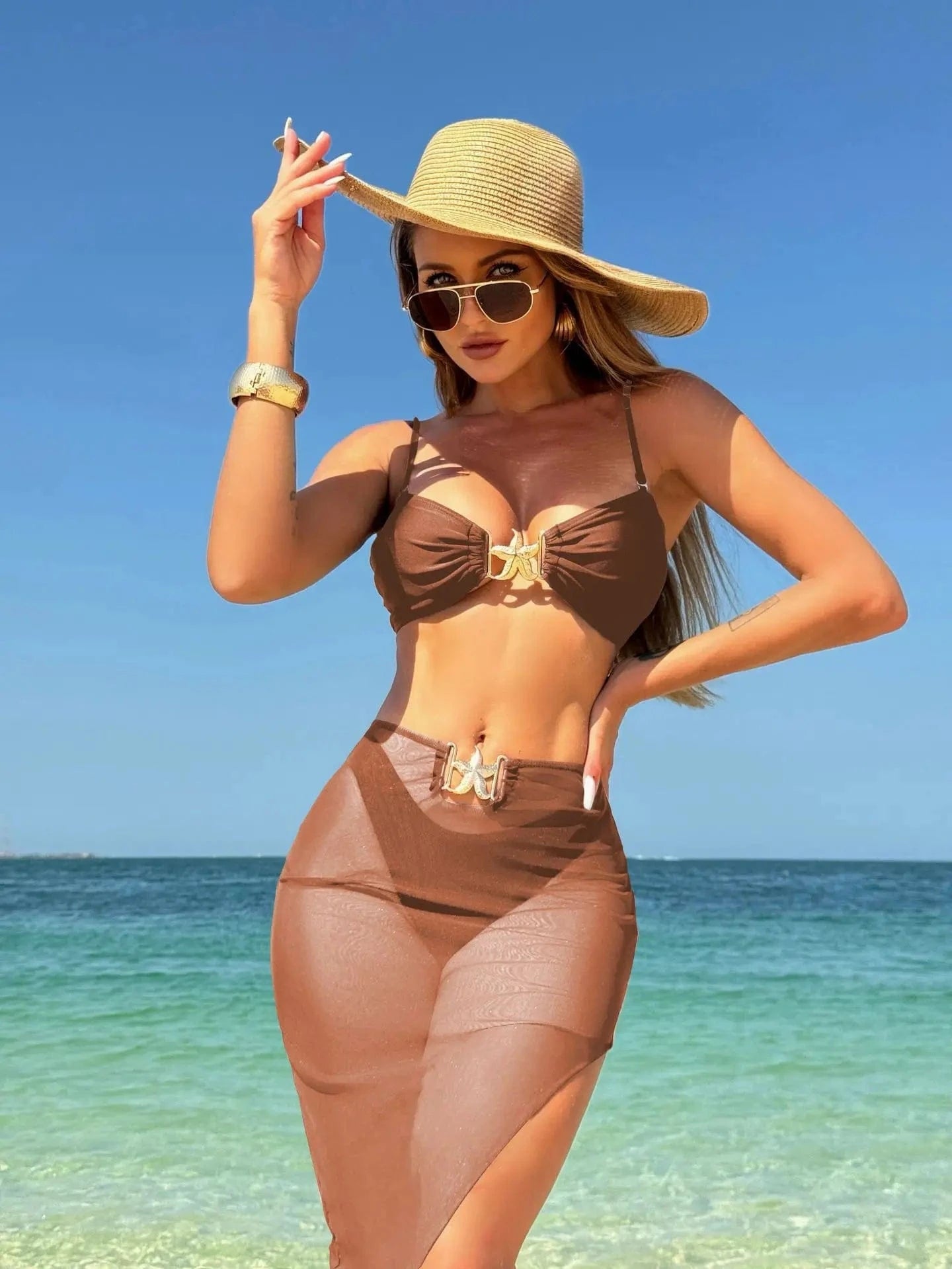 Bikini Élégant avec Jupe Transparente : Sophistication et Confort Été. Marron / S