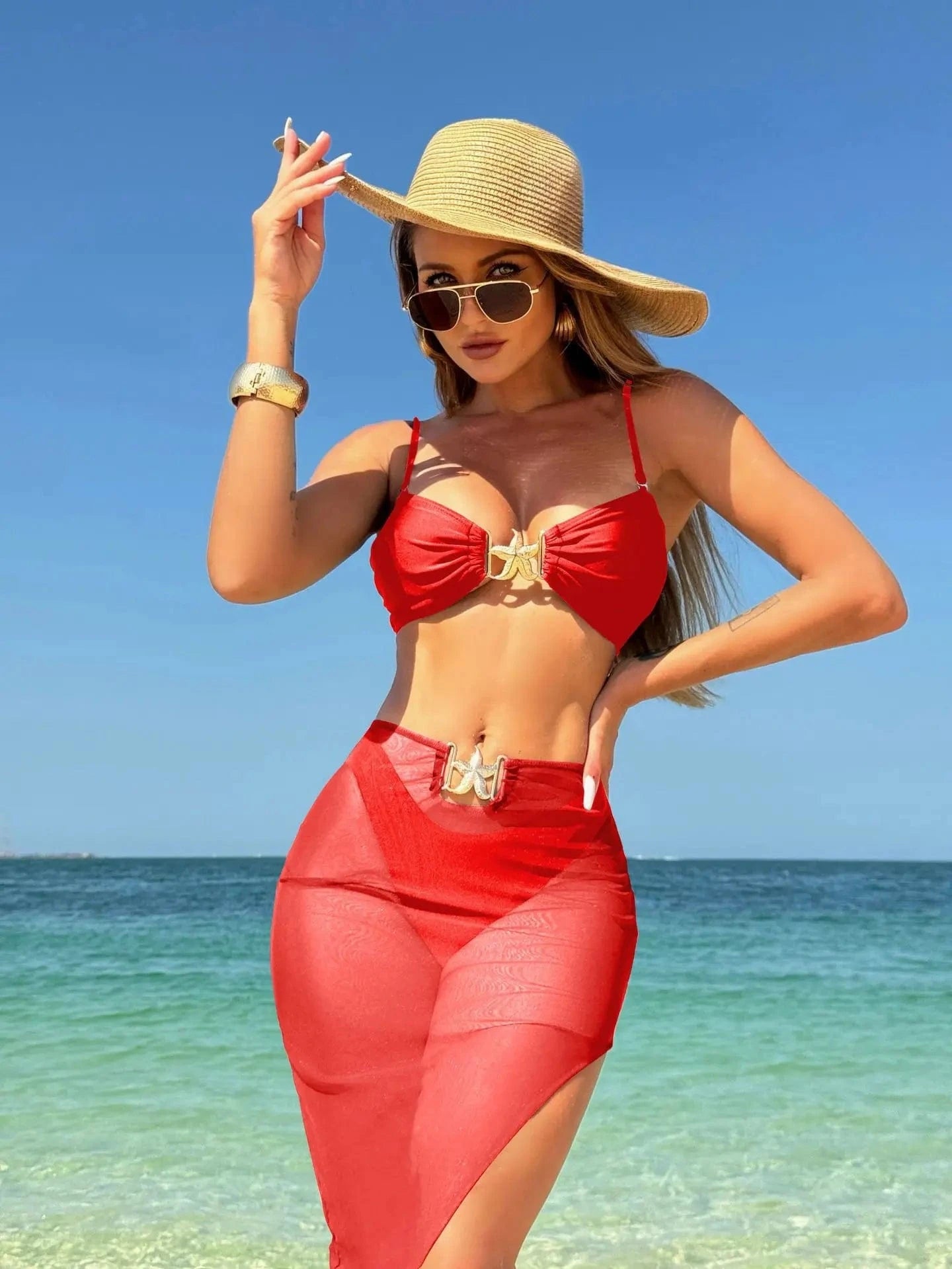 Bikini Élégant avec Jupe Transparente : Sophistication et Confort Été. Rouge / S
