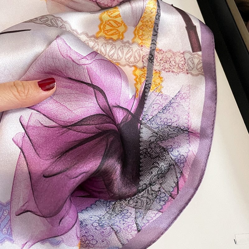 Carré 100% Soie Décoration Fleur Mauve 53x53cm