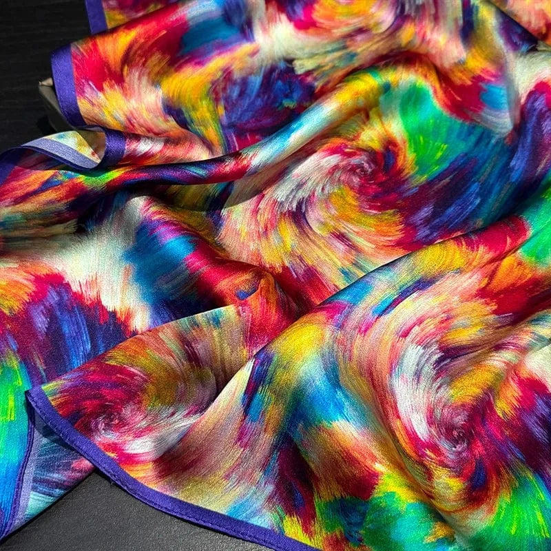 Carré 100% Soie Foulard Abstrait Multicolore – Carré en Soie Moderne et Expressif 53x53cm