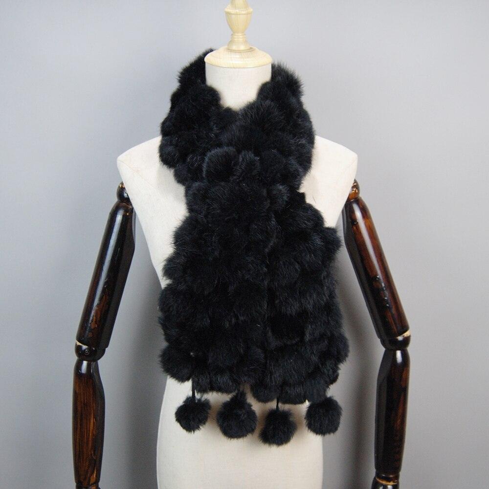 Écharpe en fourrure de lapin avec pompons - Collection Exclusif Uni Noir