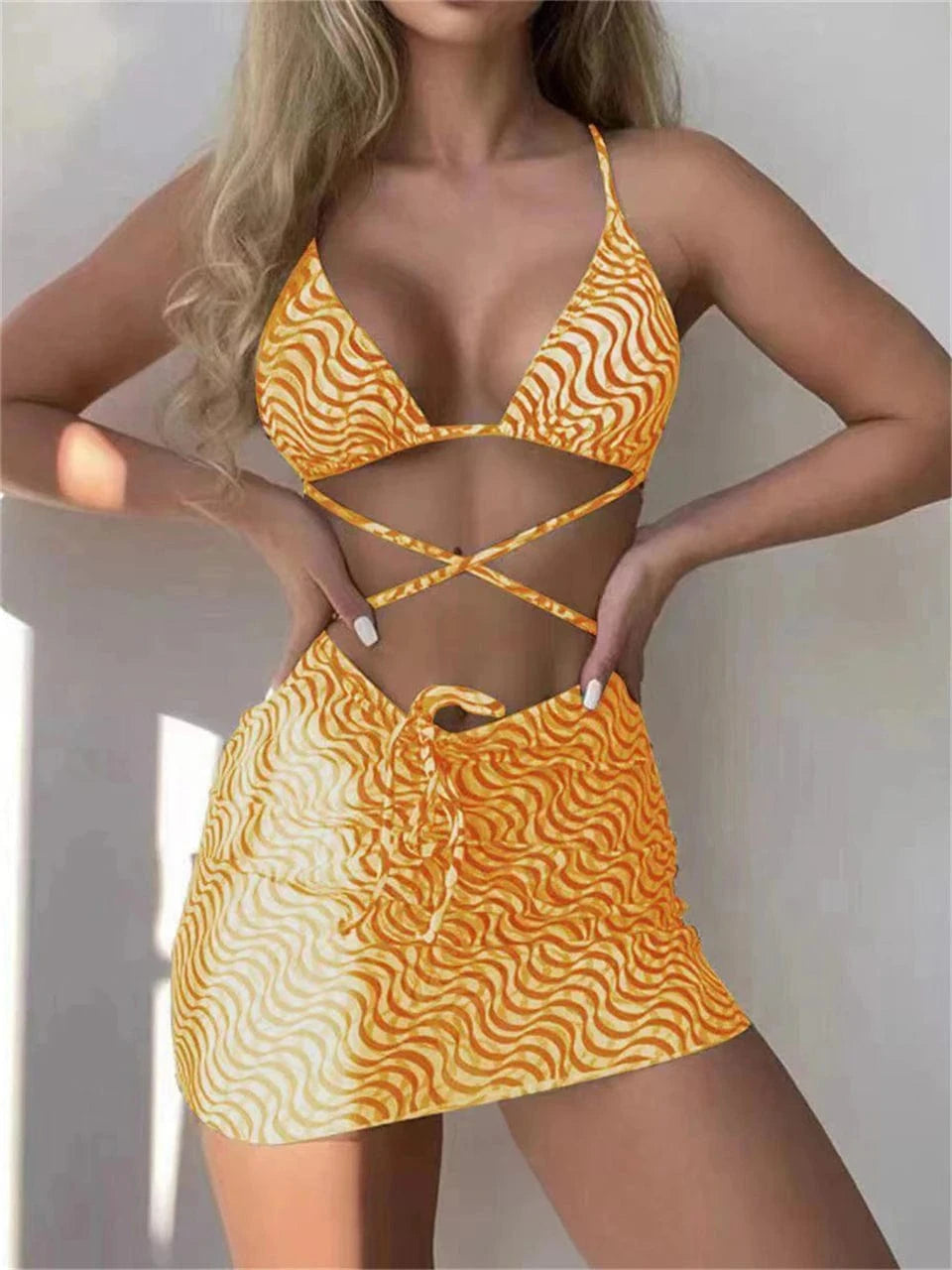 Ensemble Bikini Avec Jupe Drapée - Motif Abstrait Violet et Blanc : Style & Confort Assurés Jaune / S