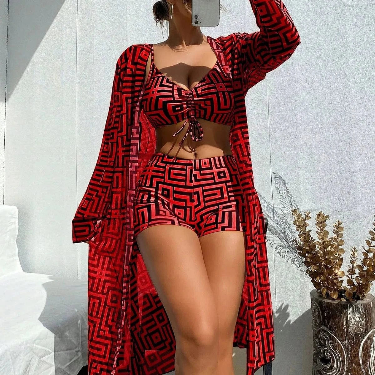 Ensemble Bikini avec Robe de Bain Géométrique Élégante - Style Chic et Confort Assuré