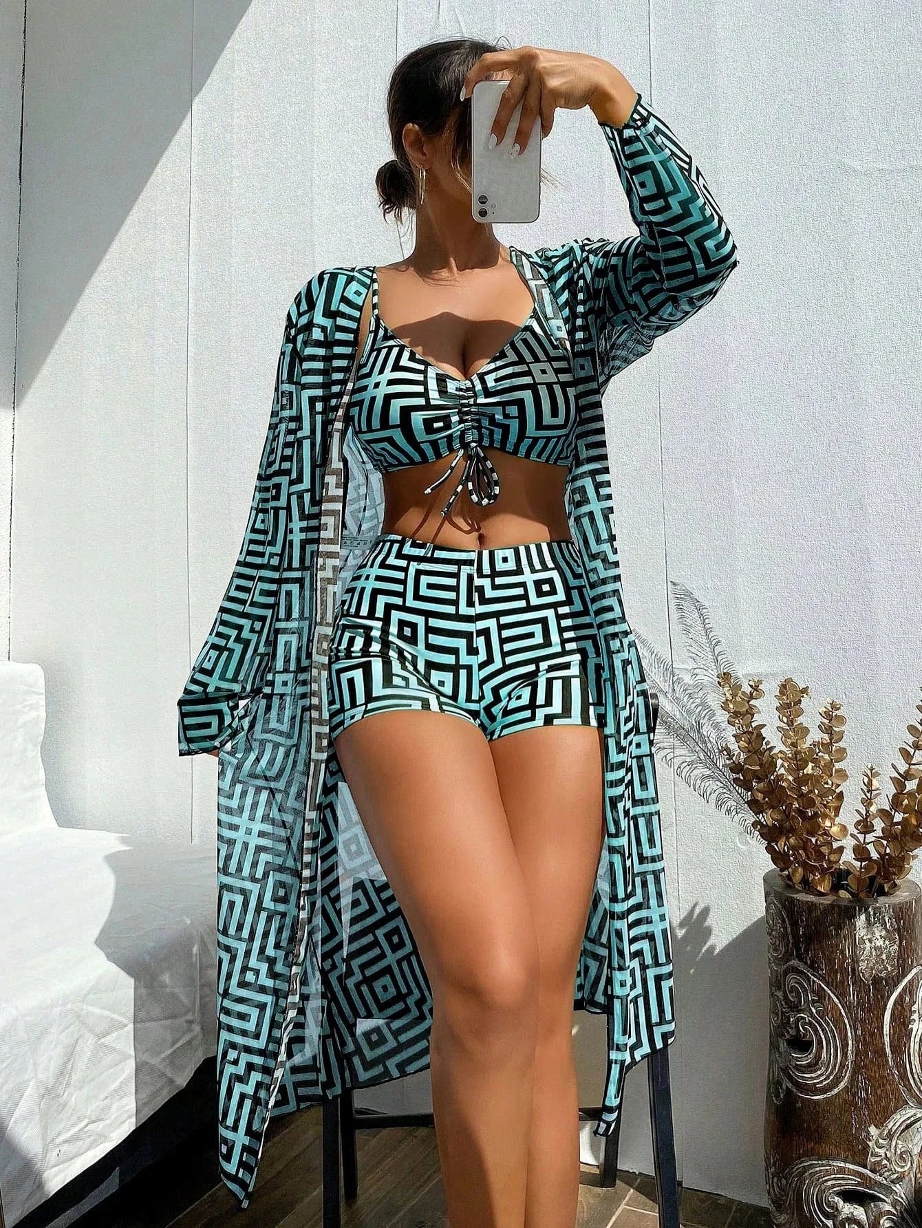 Ensemble Bikini avec Robe de Bain Géométrique Élégante - Style Chic et Confort Assuré Bleu / S