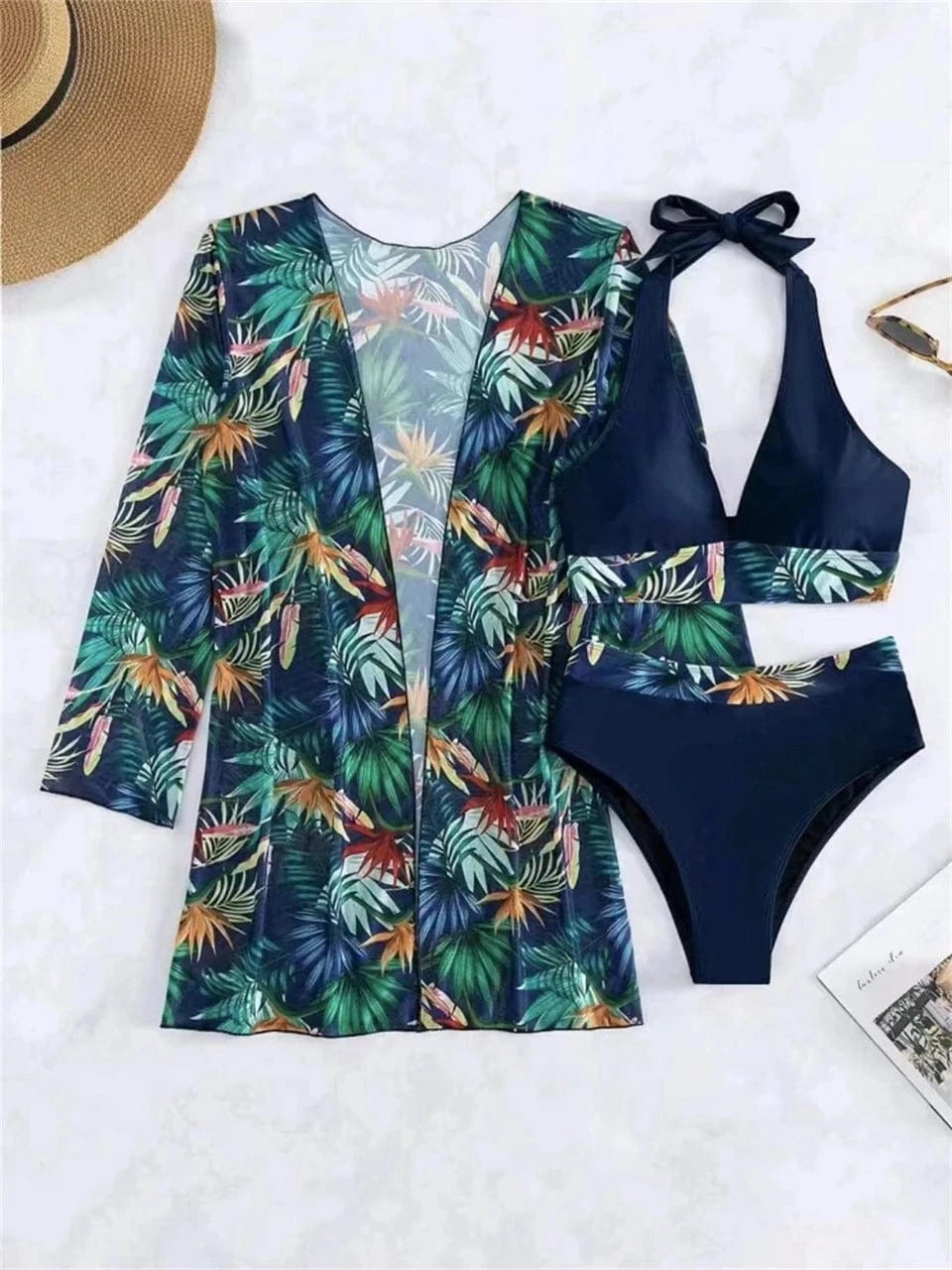 Ensemble Bikini avec Robe de Bain Tropicale : Élégance et Confort pour Votre Été Bleu Foncé / S