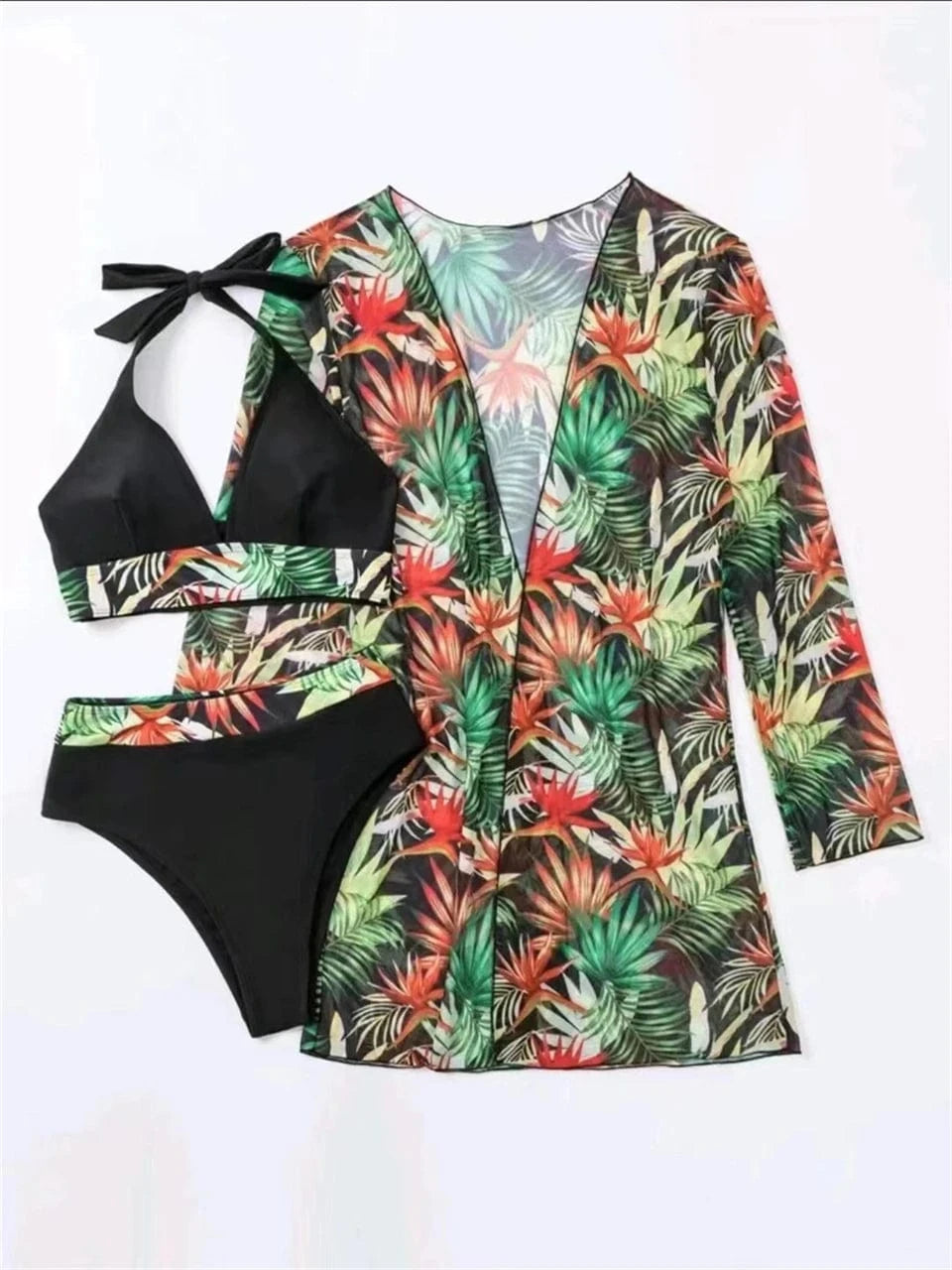 Ensemble Bikini avec Robe de Bain Tropicale : Élégance et Confort pour Votre Été Noir / S