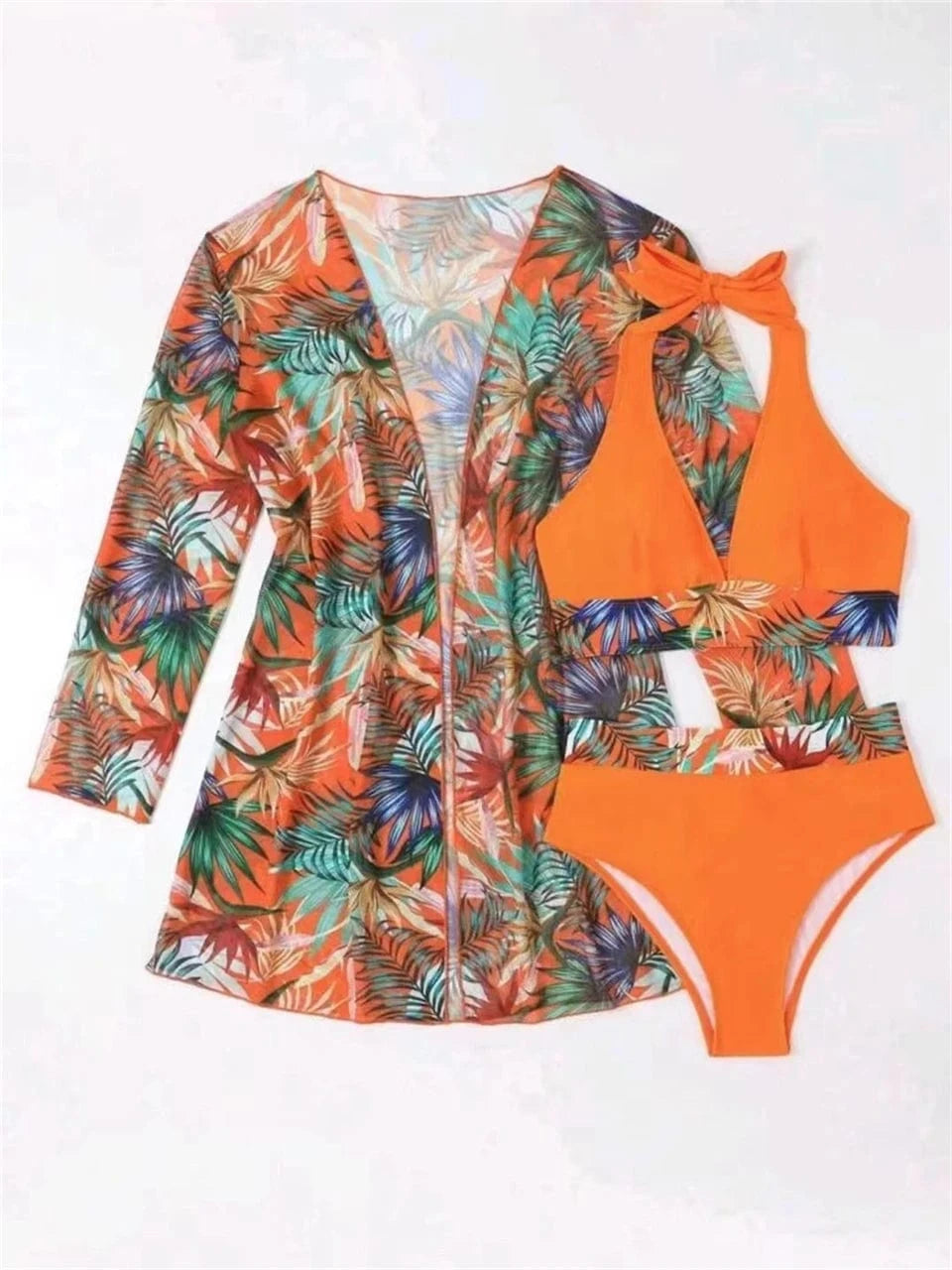 Ensemble Bikini avec Robe de Bain Tropicale : Élégance et Confort pour Votre Été Orange / S
