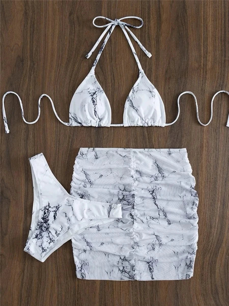Ensemble Bikini Bleu Marbré avec Jupe – Élégance et Tendance Plage Blanc / S