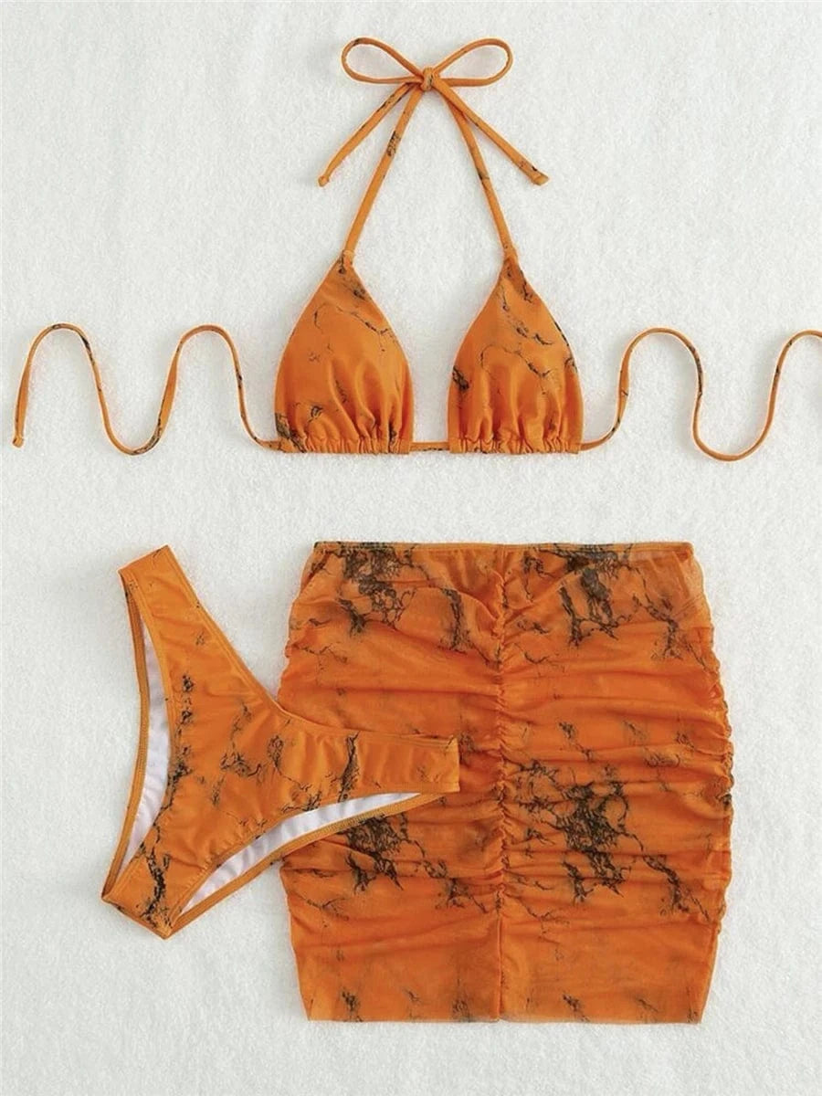 Ensemble Bikini Bleu Marbré avec Jupe – Élégance et Tendance Plage Orange / S