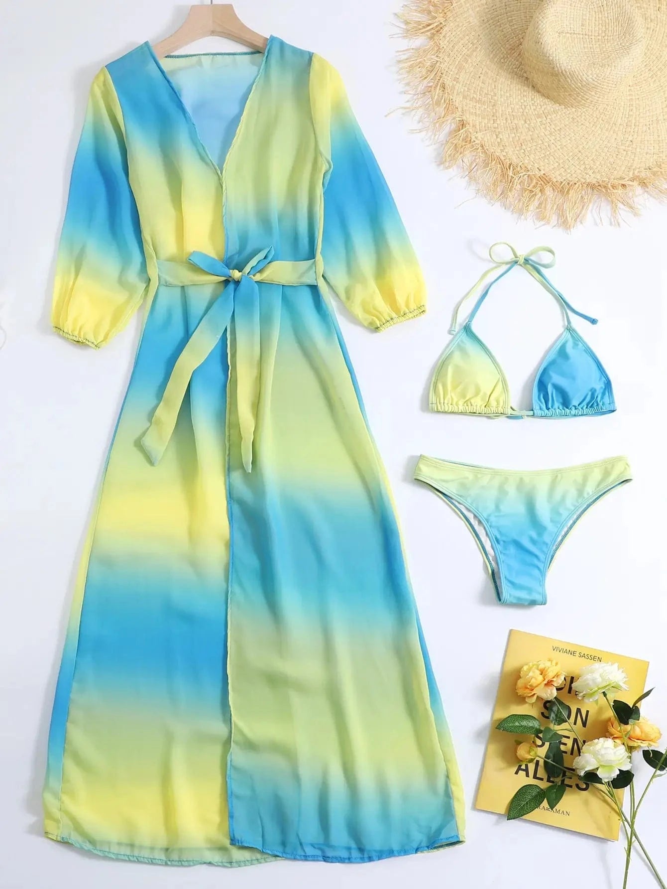 Ensemble Bikini Dégradé Coloré avec Robe de Bain Chic et Confortable