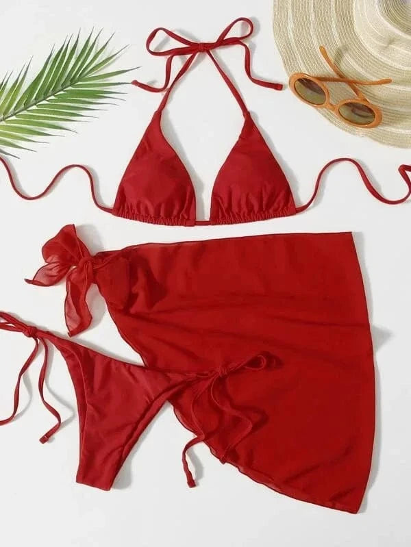 Ensemble Bikini Élégant avec Robe de Bain : Style et Confort pour l'Été Rouge / S