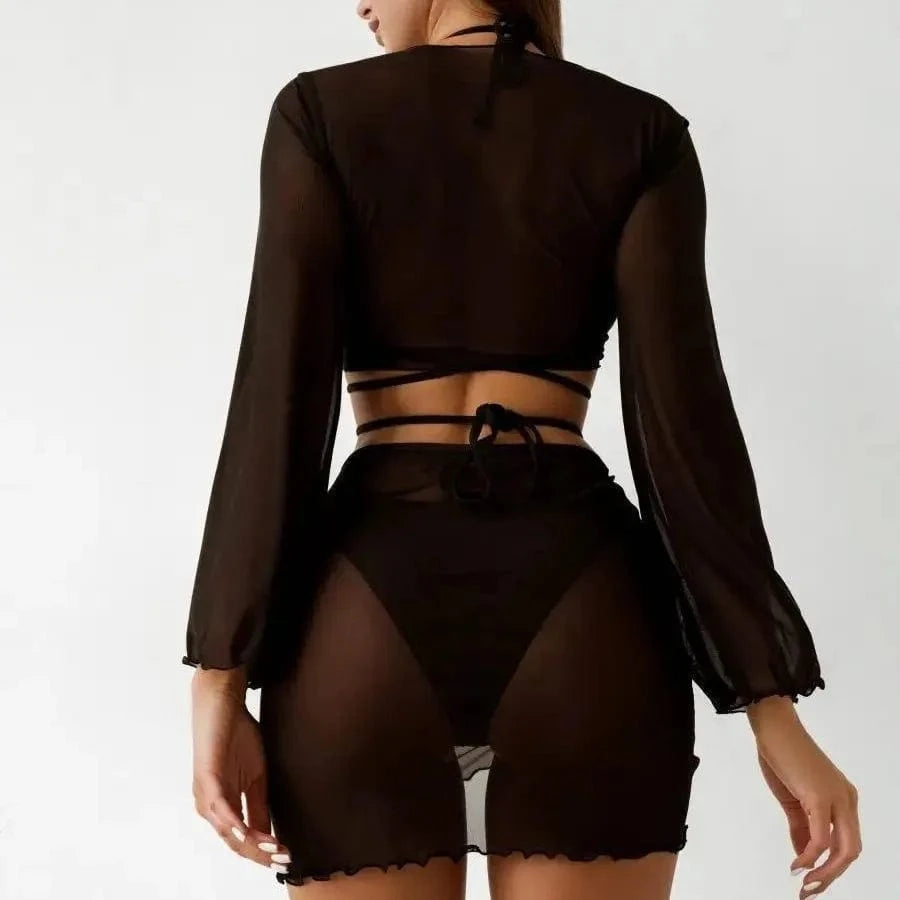 Ensemble Bikini Élégant Noir avec Robe de Bain Transparente et Manches Amovibles