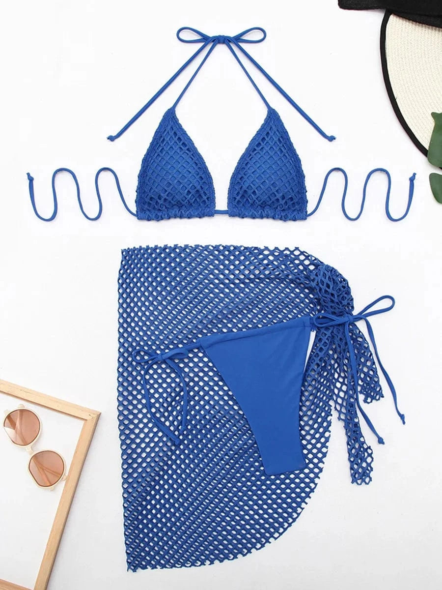 Ensemble Bikini et Jupe Filet Blanc Élégant : Style Estival Moderne et Polyvalence Balnéaire Bleu / S