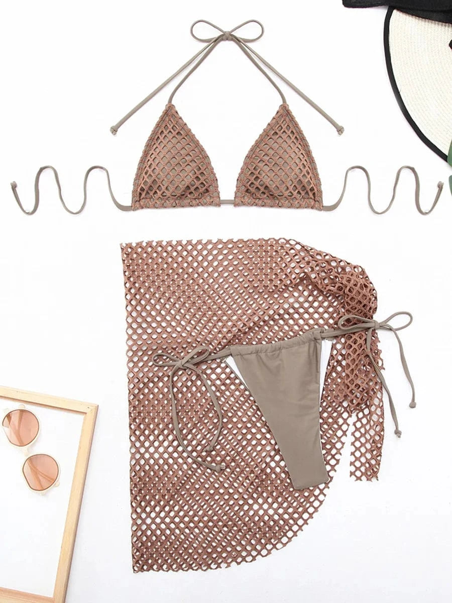 Ensemble Bikini et Jupe Filet Blanc Élégant : Style Estival Moderne et Polyvalence Balnéaire Marron / S