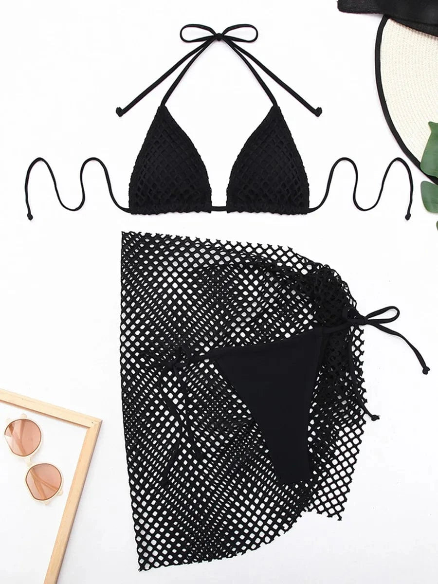 Ensemble Bikini et Jupe Filet Blanc Élégant : Style Estival Moderne et Polyvalence Balnéaire Noir / S