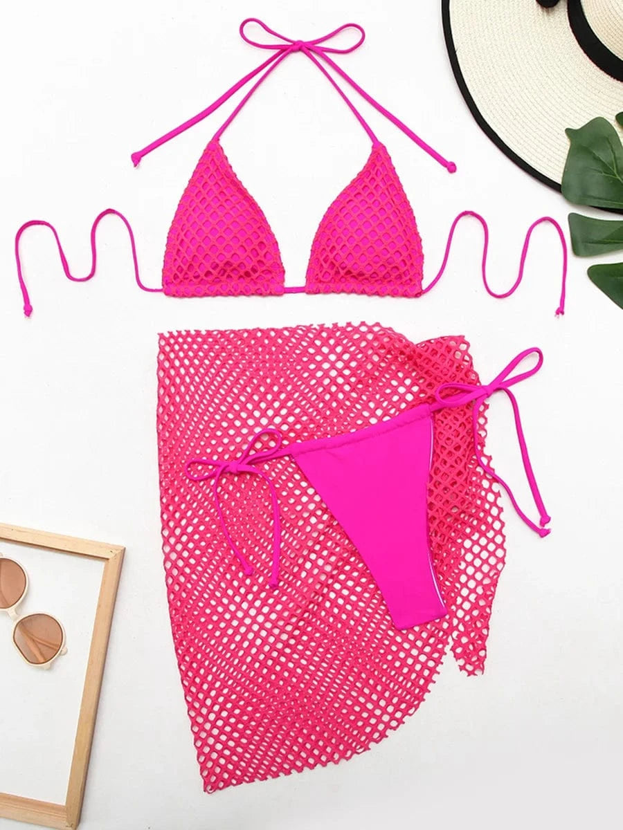 Ensemble Bikini et Jupe Filet Blanc Élégant : Style Estival Moderne et Polyvalence Balnéaire Rose / S