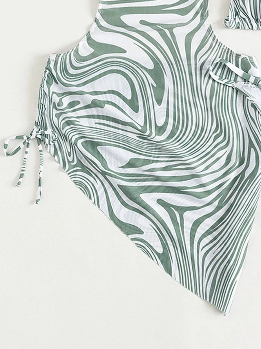 Ensemble Bikini Motif Vivant avec Robe de Bain Asymétrique - Élégance Moderne pour l'Été