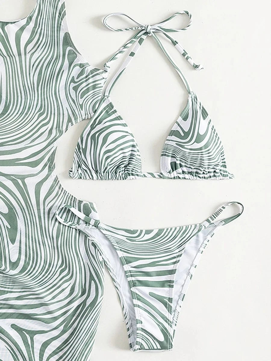 Ensemble Bikini Motif Vivant avec Robe de Bain Asymétrique - Élégance Moderne pour l'Été