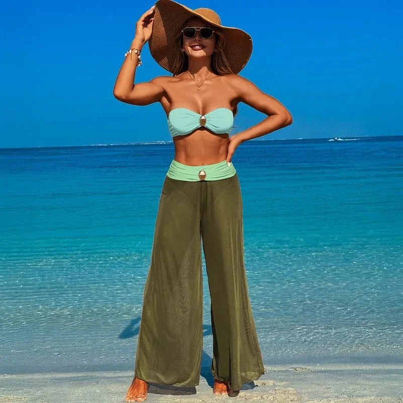 Ensemble Bikini Plage Chic avec Pantalon Fluide et Élégant pour Femme Vert / L