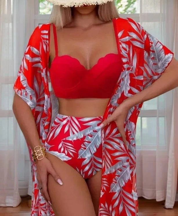 Ensemble Bikini Robe de Bain Tropical Chic 3 pièces Fushia / S