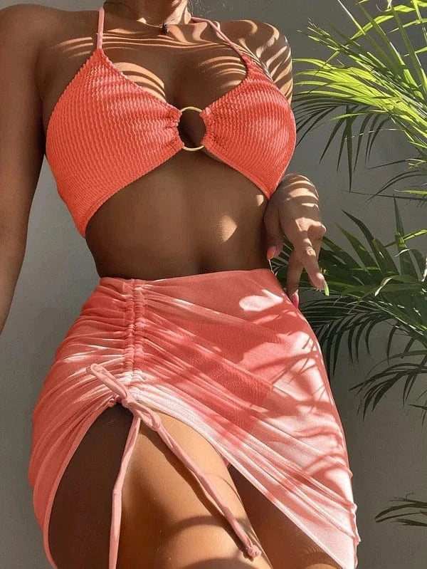 Ensemble Bikini & Robe Noir Élégant : Style Sophistiqué pour la Plage & Au-delà Orange / S