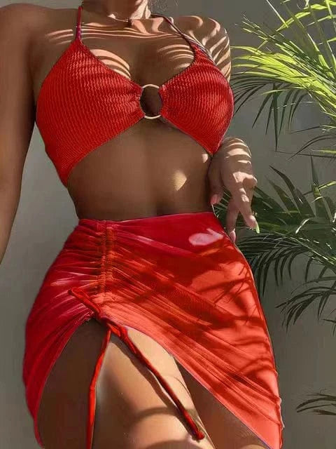 Ensemble Bikini & Robe Noir Élégant : Style Sophistiqué pour la Plage & Au-delà Rouge / S