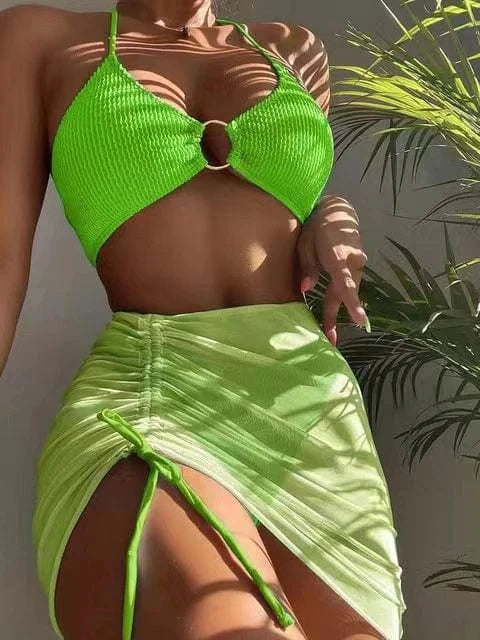 Ensemble Bikini & Robe Noir Élégant : Style Sophistiqué pour la Plage & Au-delà Vert Clair / S