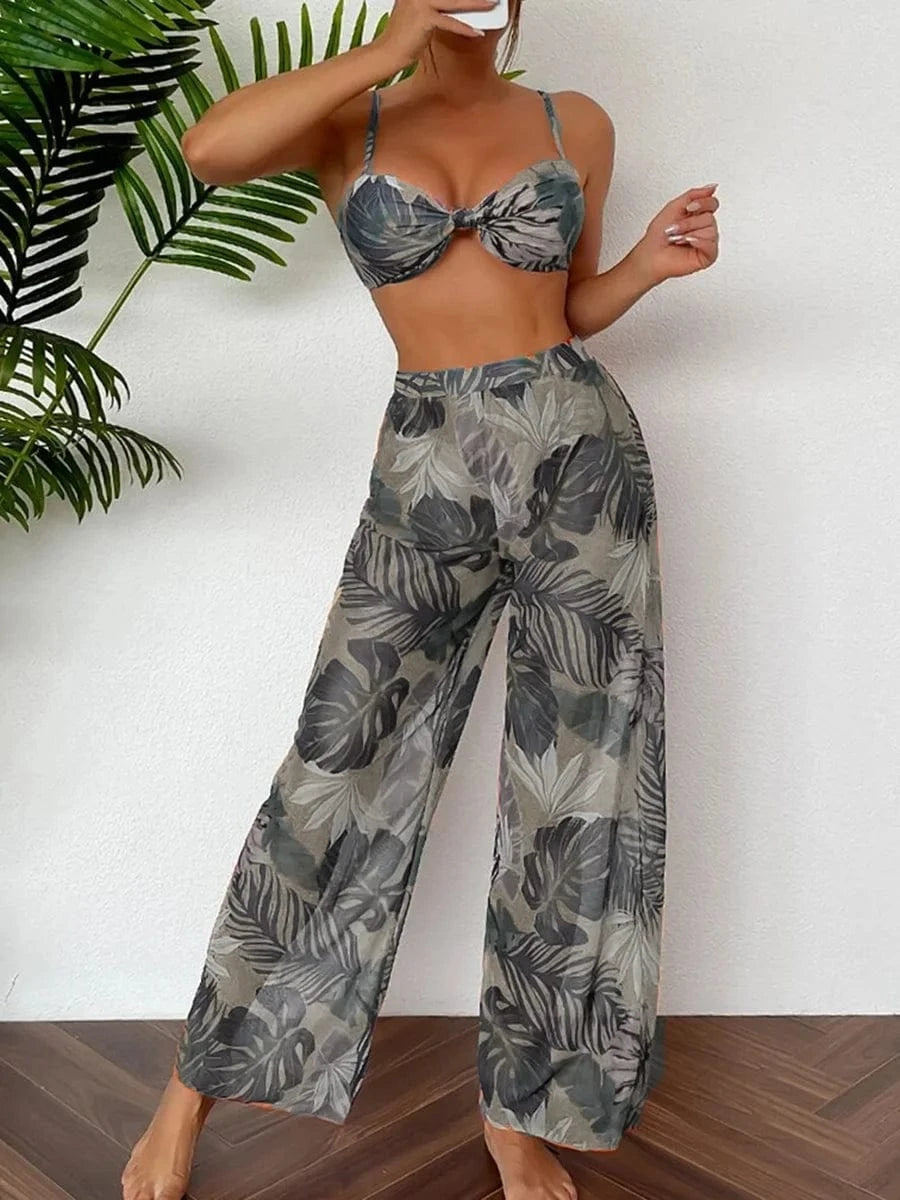 Ensemble Bikini Tropical Chic avec Pantalon de Bain Flottant Gris / S