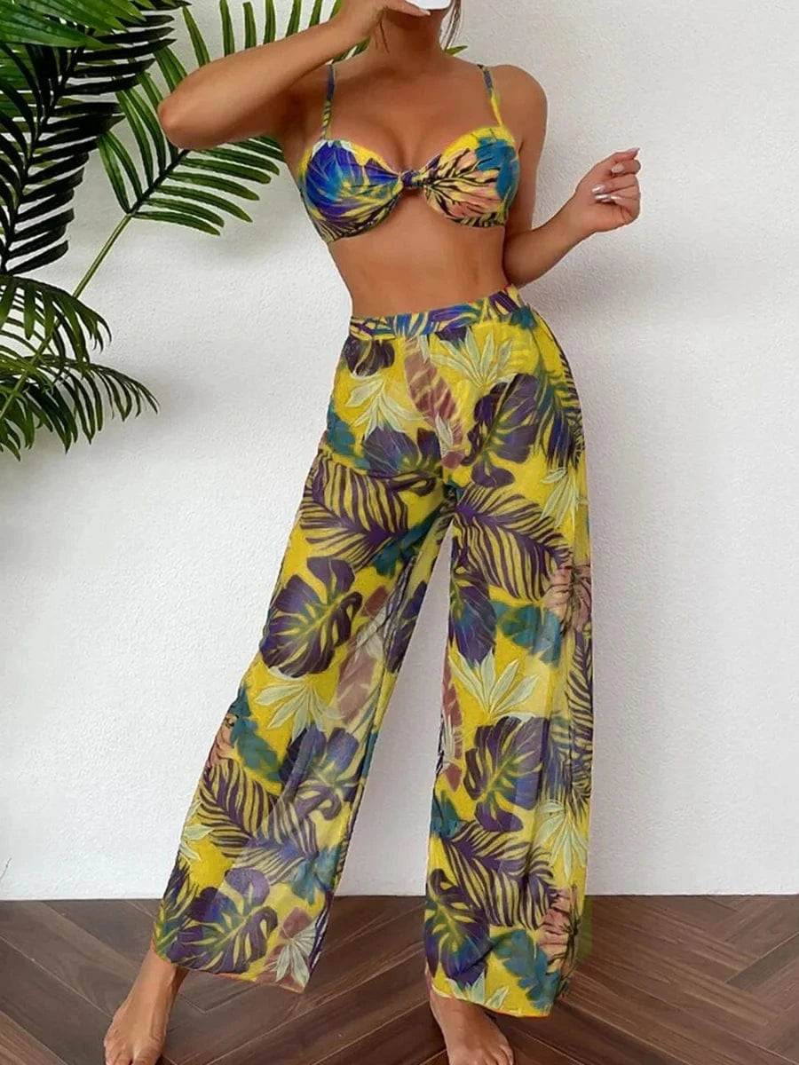 Ensemble Bikini Tropical Chic avec Pantalon de Bain Flottant Jaune / S