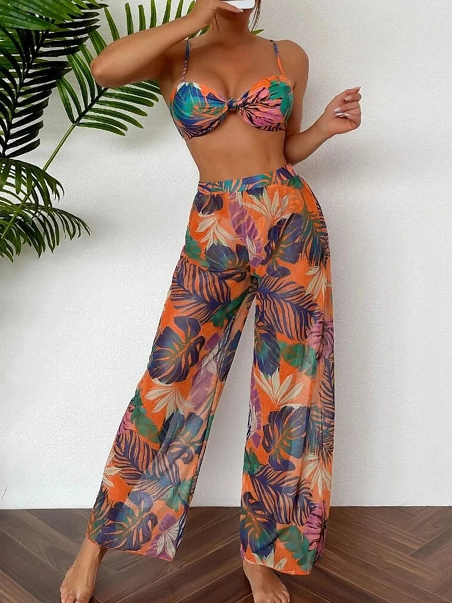 Ensemble Bikini Tropical Chic avec Pantalon de Bain Flottant Orange / S