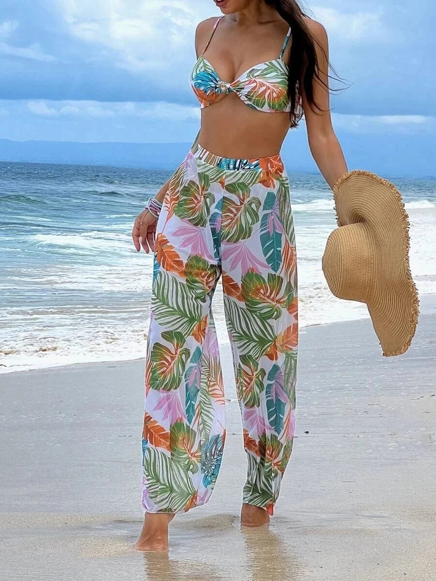 Ensemble Bikini Tropical Chic avec Pantalon de Bain Flottant Rose / S