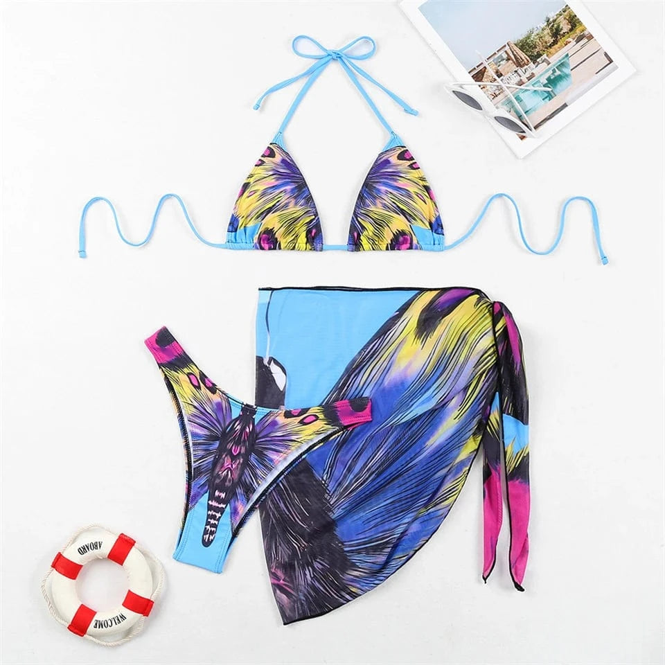 Ensemble Bikini Vibrant avec Robe de Bain : Élégance Colorée pour L'Été Bleu / S