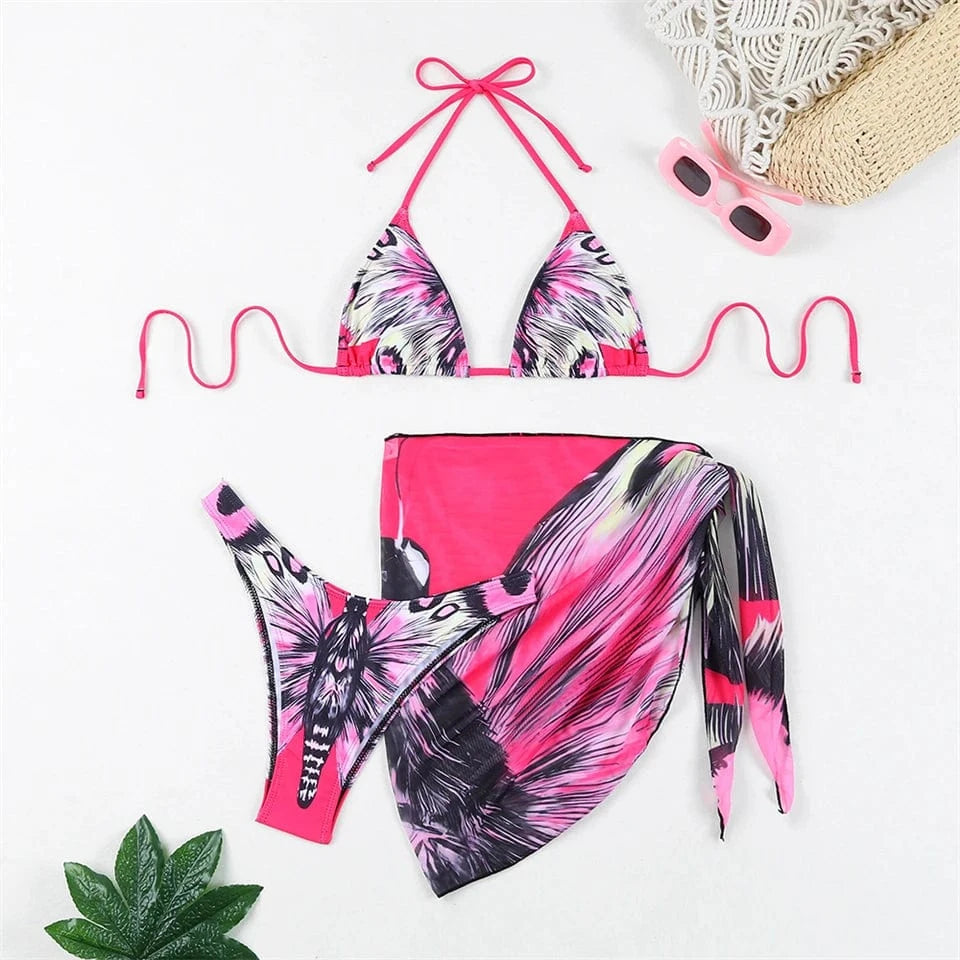 Ensemble Bikini Vibrant avec Robe de Bain : Élégance Colorée pour L'Été Rose / S