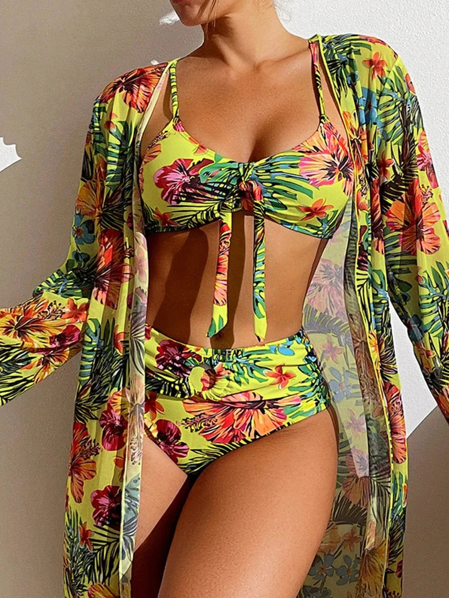 Ensemble de Bain Bikini avec Robe et Pantalon - Élégance Unique Jaune / S