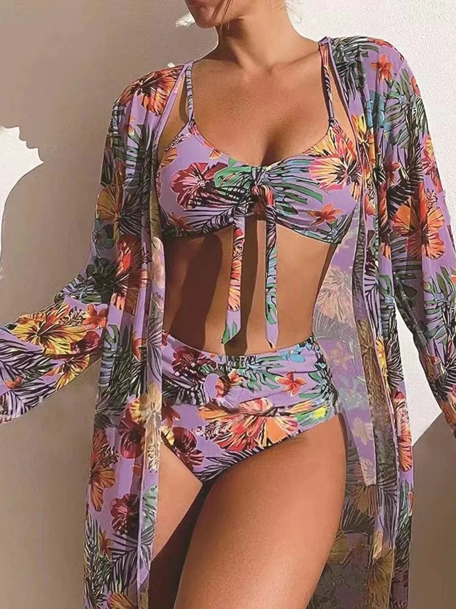 Ensemble de Bain Bikini avec Robe et Pantalon - Élégance Unique Lavande / S