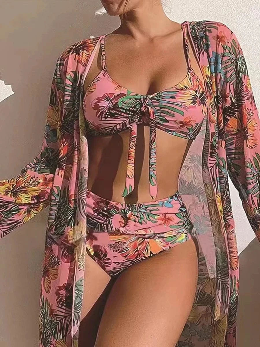 Ensemble de Bain Bikini avec Robe et Pantalon - Élégance Unique Rose / S