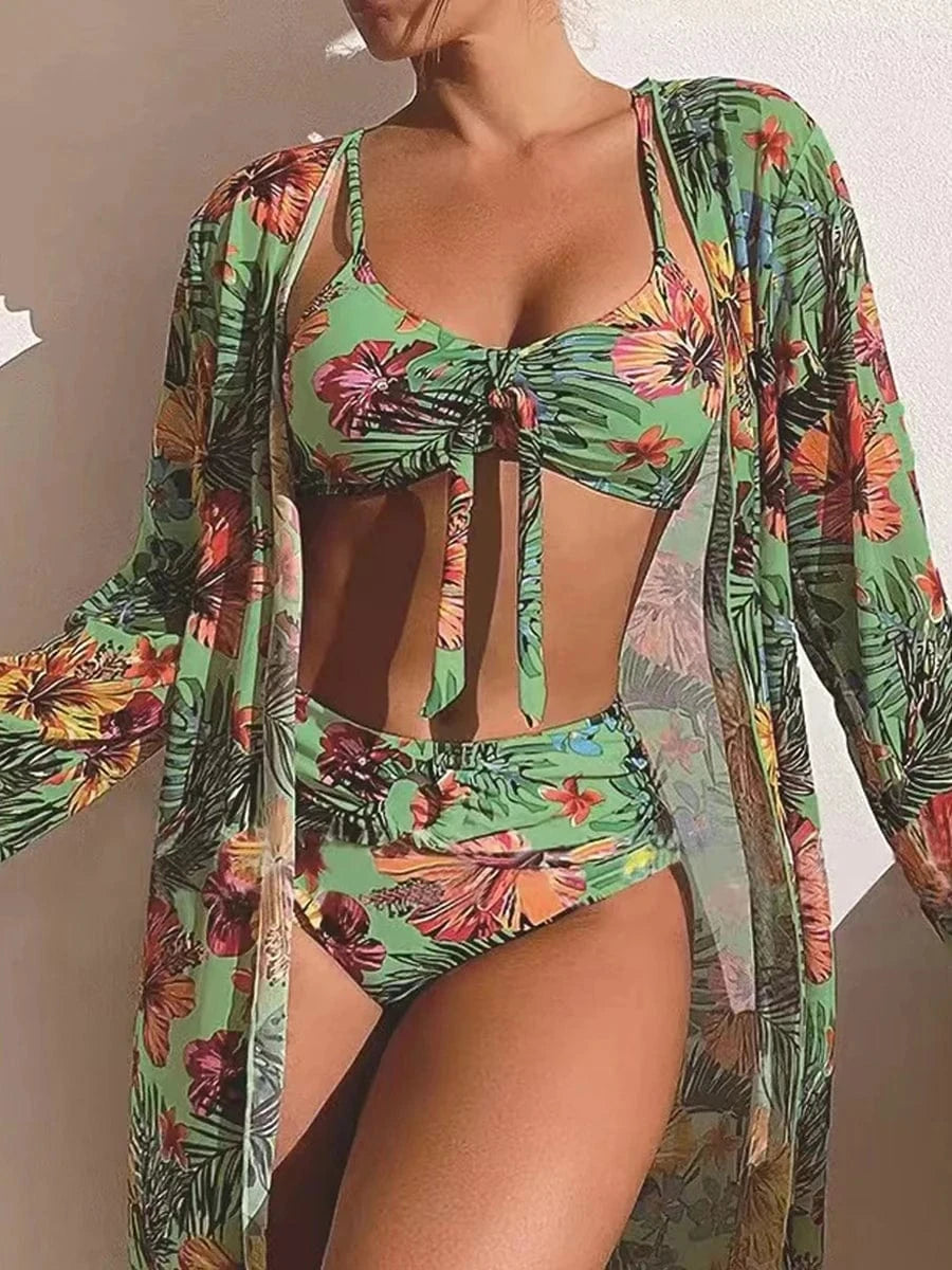 Ensemble de Bain Bikini avec Robe et Pantalon - Élégance Unique Vert / S