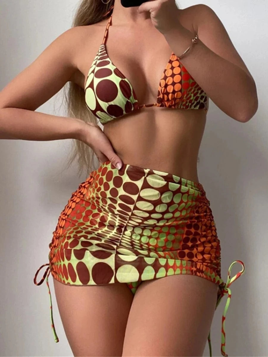 Ensemble de Bain Géométrique Moderne - Bikini Élégant avec Robe Intégrée