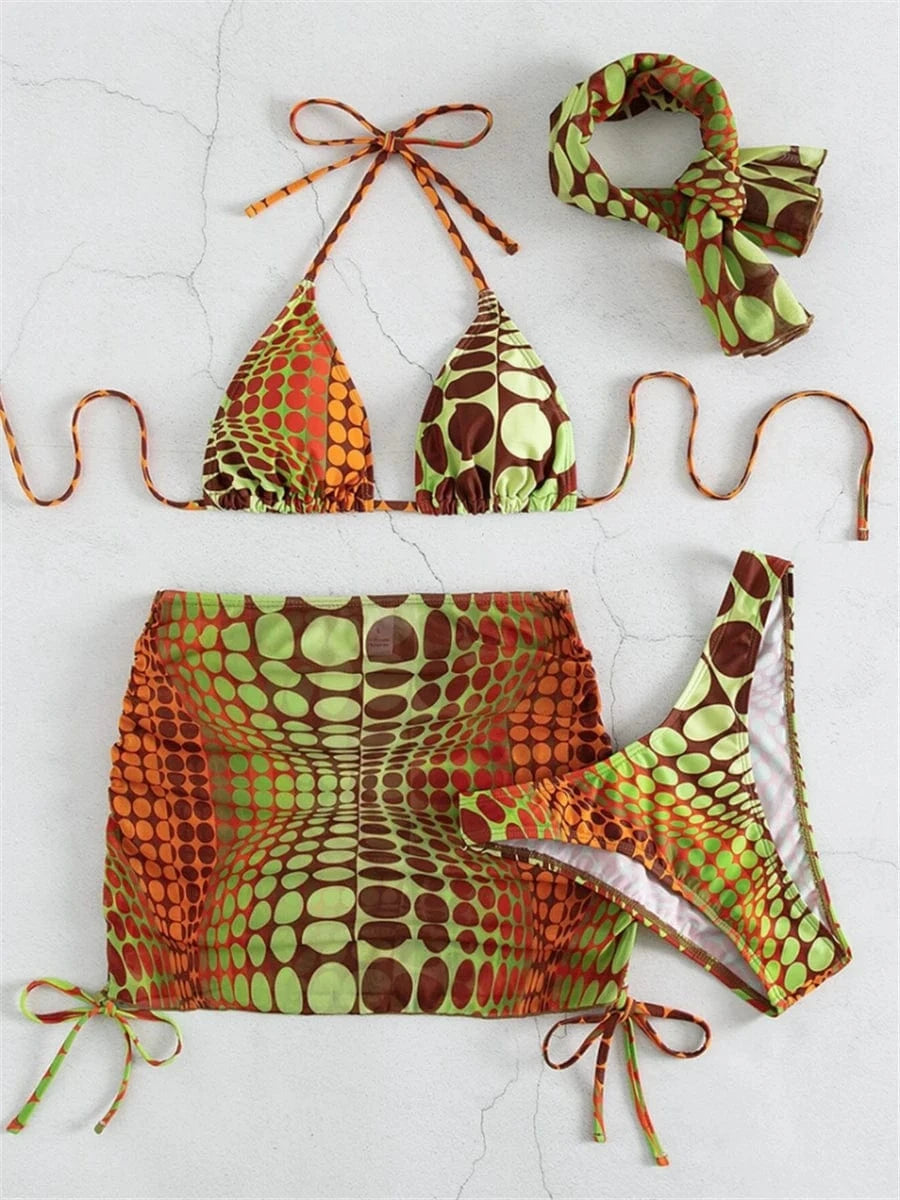 Ensemble de Bain Géométrique Moderne - Bikini Élégant avec Robe Intégrée