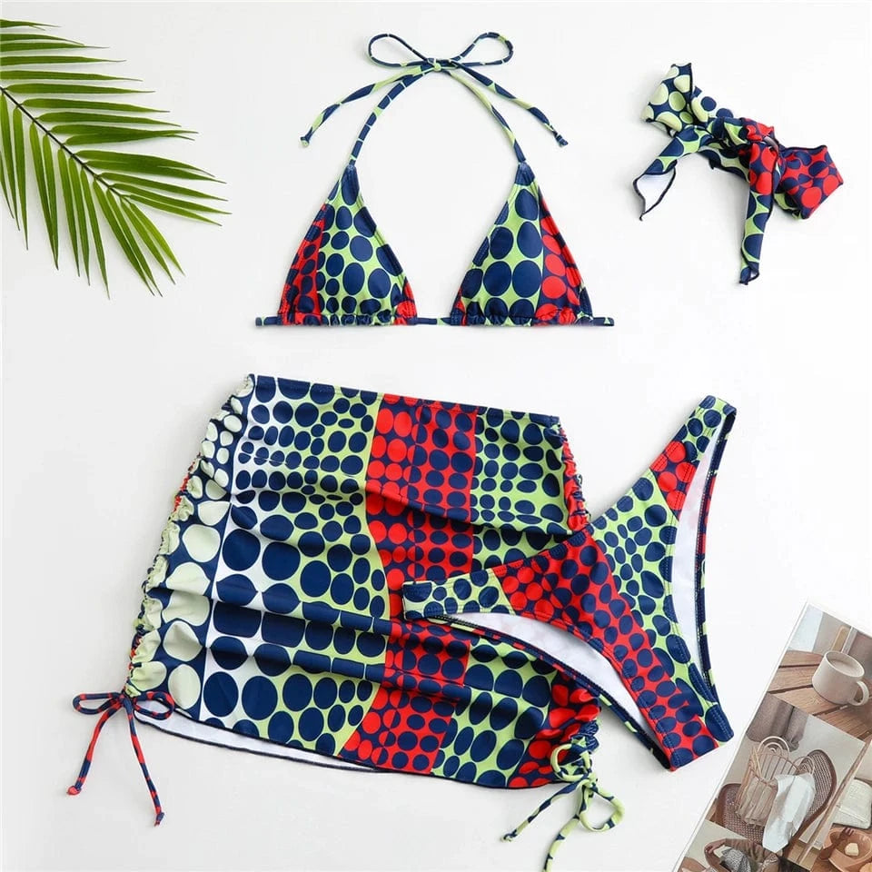 Ensemble de Bain Géométrique Moderne - Bikini Élégant avec Robe Intégrée Rouge / S