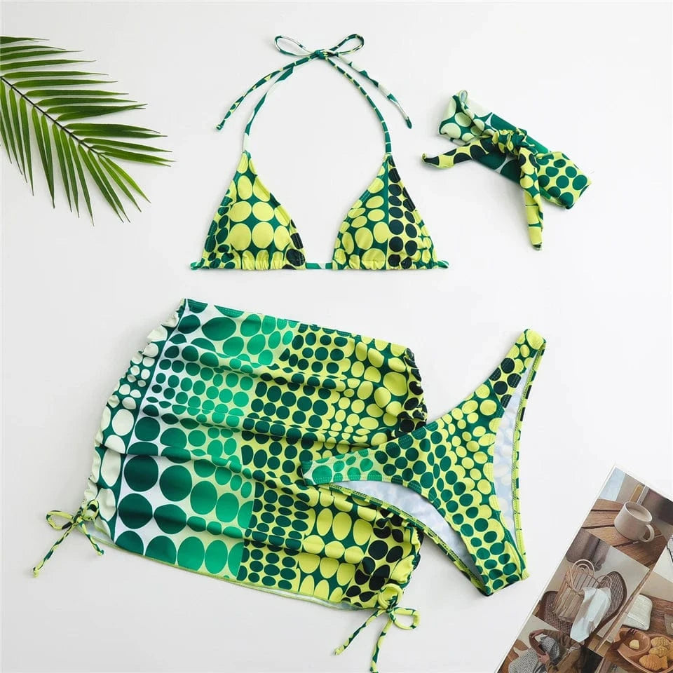 Ensemble de Bain Géométrique Moderne - Bikini Élégant avec Robe Intégrée Vert / S