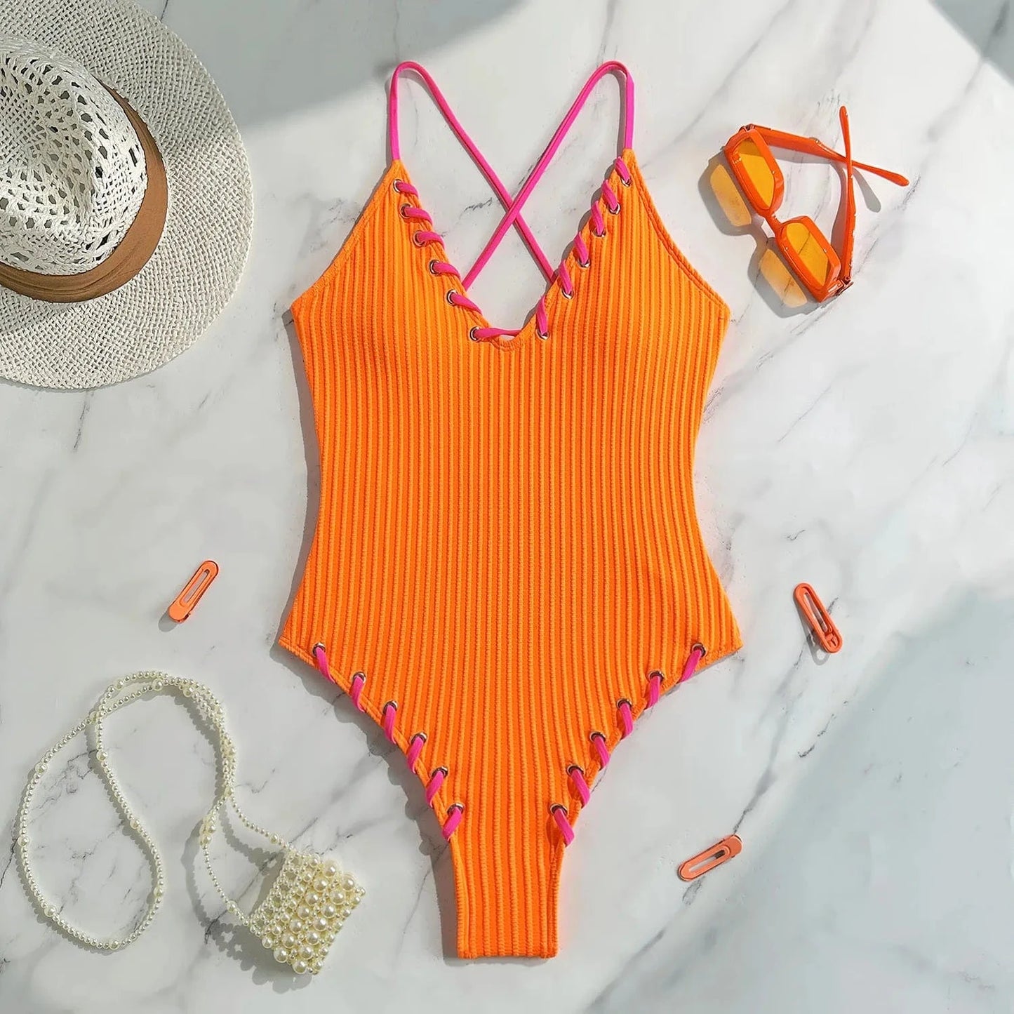 Maillot de Bain 1 Pièce Côtelé Élégant avec Détails en Laçage - Style Moderne et Confort Assuré Orange / S