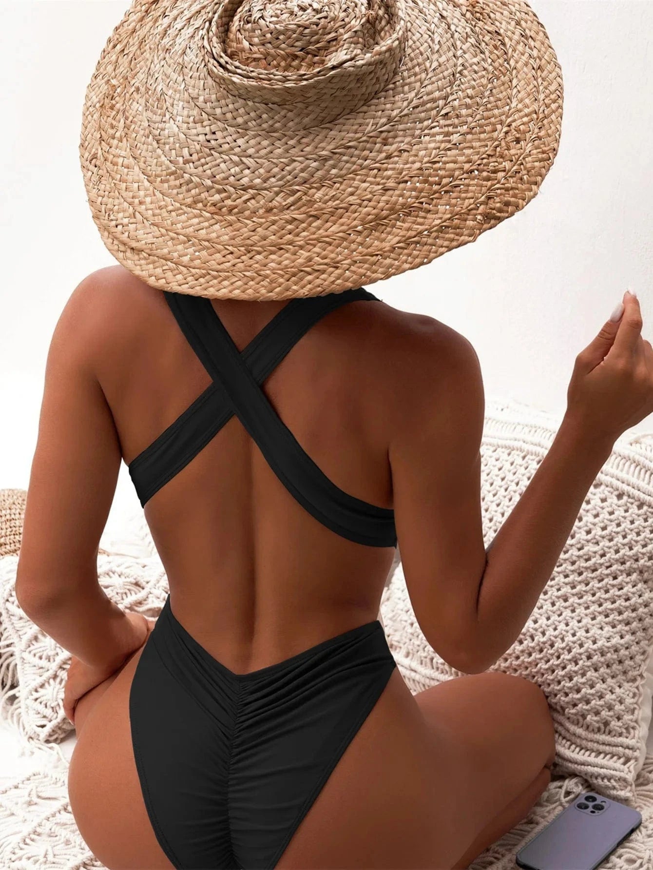 Maillot de Bain Croisé Bicolore Femme Élégance et Confort. Noir / S