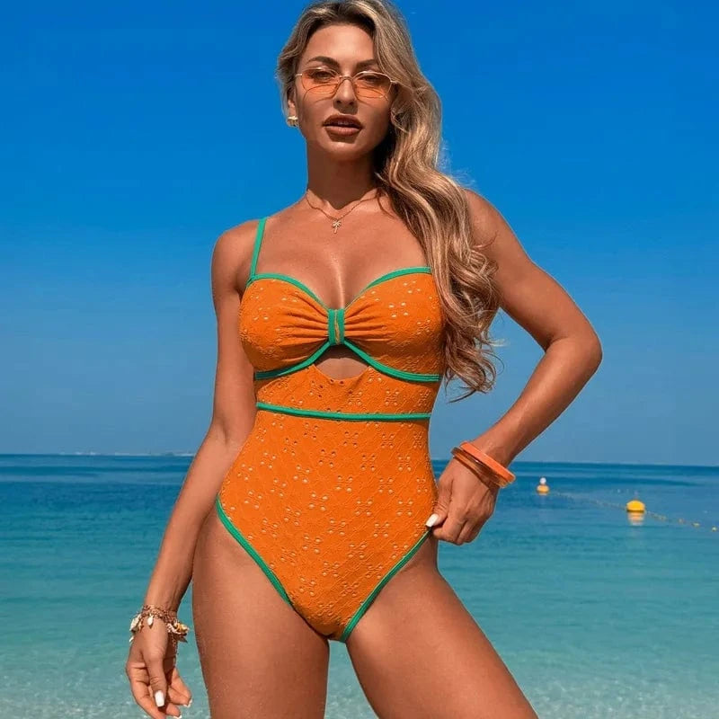 Maillot de Bain Une Pièce Chic Bleu Clair avec Détail Élégant et Bretelles Réglables. Orange / S